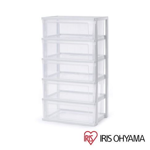 簡約的白色框架搭配五個透明塑膠抽屜，此收納櫃展示了其堅固的結構與實用的設計。