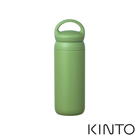 提式輕巧保溫瓶，採用霧面綠色，瓶身圓潤，頂部有提把設計，方便攜帶。