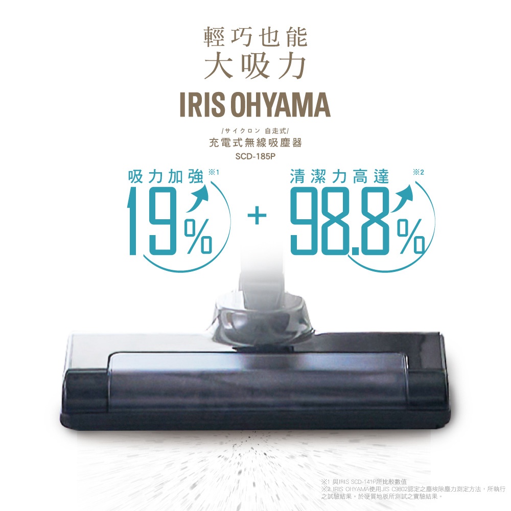 IRIS OHYAMA SCD-185P 充電式無線吸塵器，展現其吸力加強19%與清潔力高達98.8%的優勢。圖片主要展示吸塵器底部寬廣的黑色吸頭，其表面材質光滑，設計簡潔。