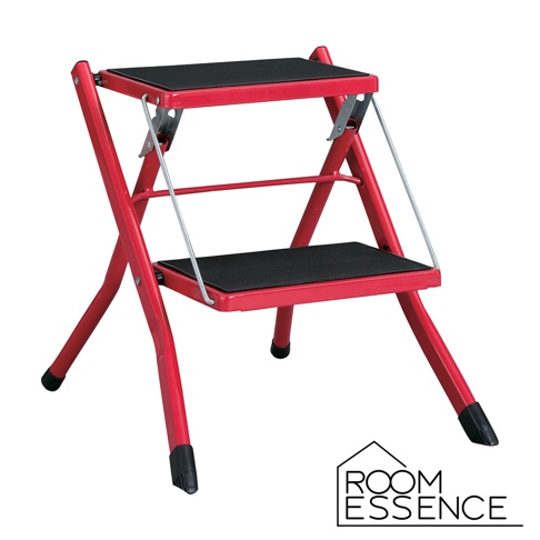 紅色金屬折疊兩層樓梯椅，帶有黑色防滑踏板，椅腳有黑色防滑套。