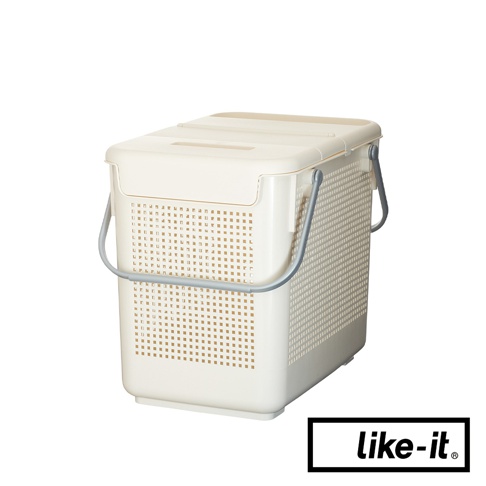 like-it 品牌淺奶油色洗衣置物籃，附有兩個可折疊提把，側面和頂蓋皆有網格設計，方便通風，頂蓋為雙蓋設計。