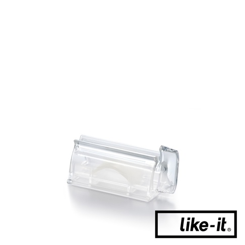 透明塑膠製手動轉轉擠牙膏夾，帶有可旋轉的機械結構，用於將牙膏管底端捲起以擠出牙膏。