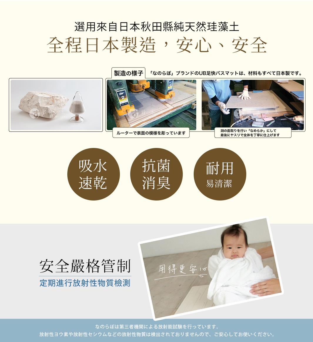 UB珪藻土瞬間吸水地墊，展示珪藻土原礦、粉末，以及製造過程中的機器加工與手工修飾，另有吸水速乾、抗菌消臭、耐用易清潔等特色圖示，並附有嬰兒使用產品的圖片。