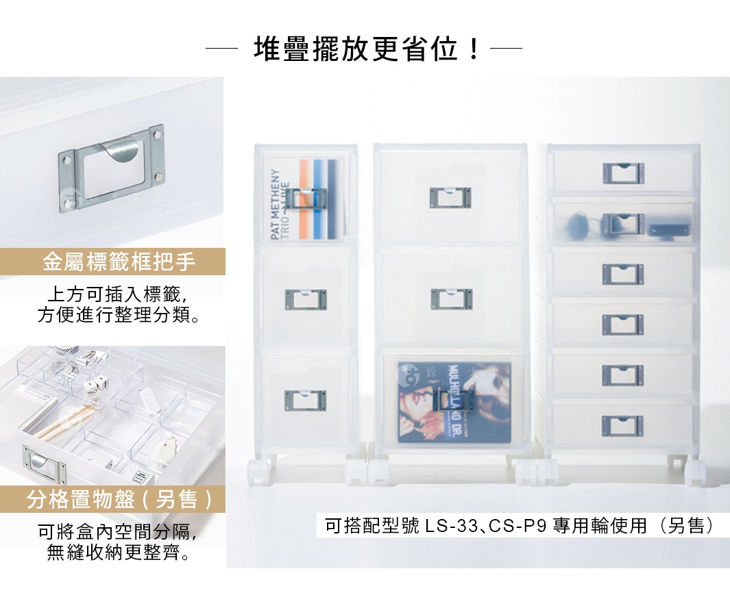 ラベルホルダー付き。

堆疊擺放更省位！

金屬標籤框把手
上方可插入標籤，
方便進行整理分類。

分格置物盤(另售)

可將盒內空間分隔，
無縫收納更整齊。

可搭配型號LS-33、CS-P9專用輪使用（另售）

別売りシステムトレー。
