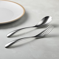 一個不鏽鋼湯匙和叉子，以及部分白色盤子，背景為淺灰色。