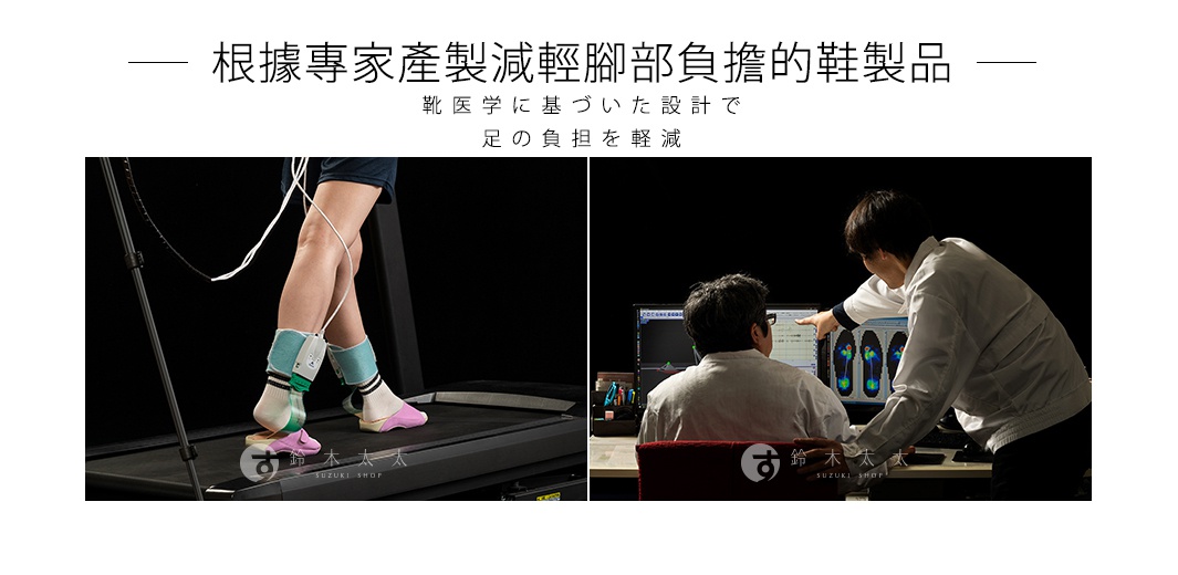 兩隻腳穿著粉色與淺綠色的五指訓練美腿拖鞋，其中一隻腳的腳踝綁著監測設備，正在跑步機上行走，另一張圖片顯示兩位男性正在電腦前檢視足部壓力分析數據。