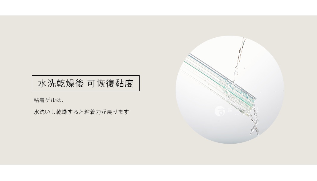 透明凝膠材質的家具防倒固定墊，具有層疊的細節，並有水流沖刷的特寫。