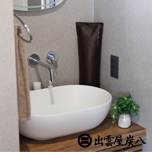 現代化簡約風格的洗手間洗手台，牆面為淺灰色磨砂質感，裝設不鏽鋼水龍頭與白色橢圓形檯面盆。角落放置一條棕色長條狀的出雲屋炭八除濕袋，桌面右側則有一盆小巧的人造綠色植栽，整體空間呈現溫馨且機能性的居家質感。