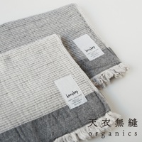 兩條 HEATHER 有機混紡棉浴巾，以灰白色條紋織物製成，帶有流蘇邊飾。
