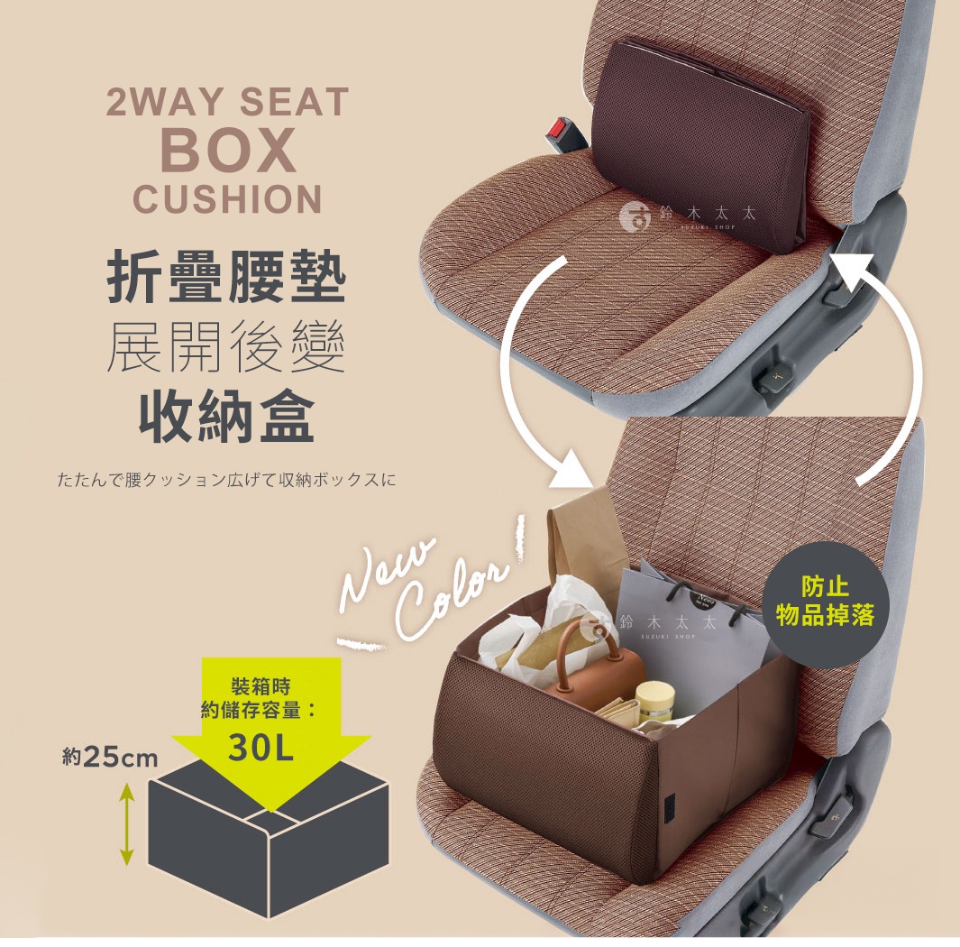 汽車座椅上的 2WAY 置物收納靠墊，展開後可作為置物箱，內有購物袋、水瓶等物品。