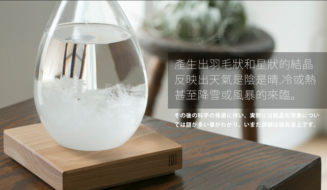 玻璃製成的Tempo Drop天氣瓶，瓶內有羽毛狀和星狀的白色結晶，置於淺木色木製底座上，瓶身反射出背景的模糊景象。