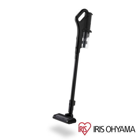 黑色直立式充電吸塵器，帶有透明集塵筒，黑色握把和吸頭，展示於白色背景。