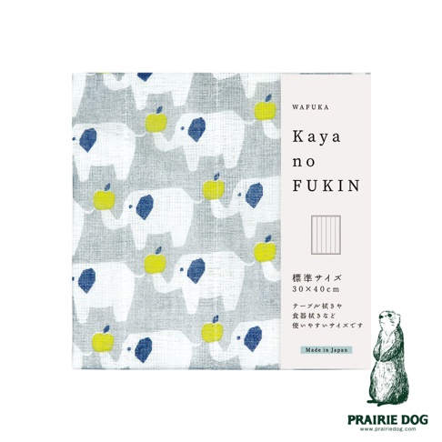 灰色底布印有白色大象圖案，每隻大象頭上頂著黃色蘋果，部分大象有藍色耳朵和尾巴。產品標籤顯示日文文字，印有「Made in Japan」字樣。