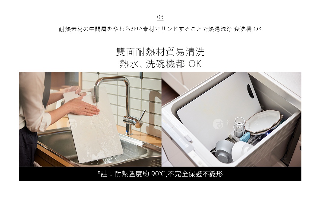 SHINKA 雙面抗菌耐熱砧板，白色，方形，有把手，左圖顯示於水槽下沖洗，右圖放置於洗碗機內。