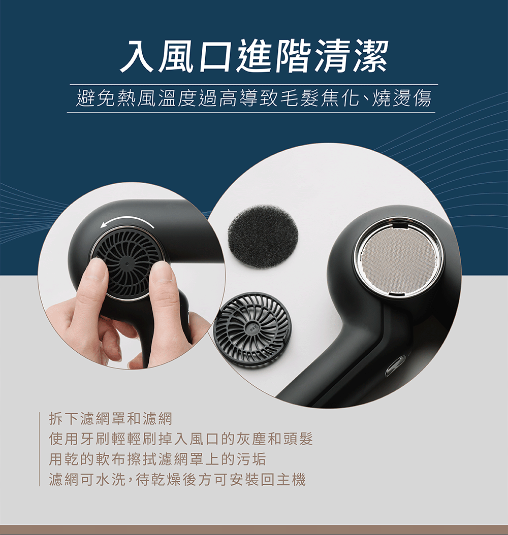 圖片文字：入風口進階清潔，避免熱風溫度過高導致毛髮焦化、燒燙傷。拆下濾網罩和濾網，使用牙刷輕輕刷掉入風口的灰塵和頭髮，用乾的軟布擦拭濾網罩上的污垢，濾網可水洗，待乾燥後方可安裝回主機。