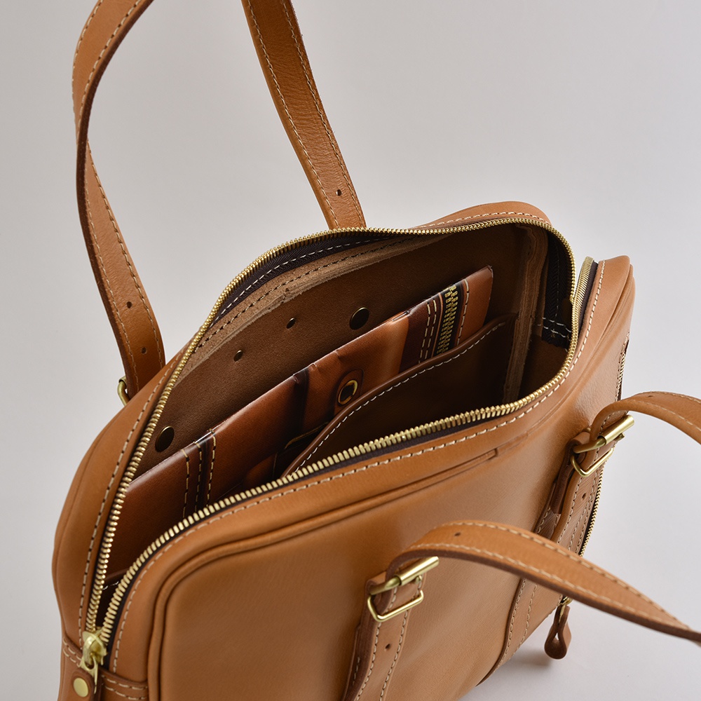 棕色皮革公事包，雙提把設計，拉鍊開合，內有多個隔層，可肩背或手提。