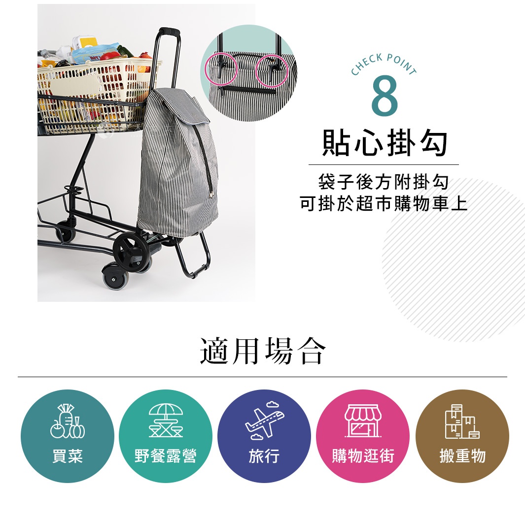 質感條紋三用購物車，黑白直條紋布料製成的購物袋，搭配黑色金屬車架和輪子，可掛置於購物車上。
