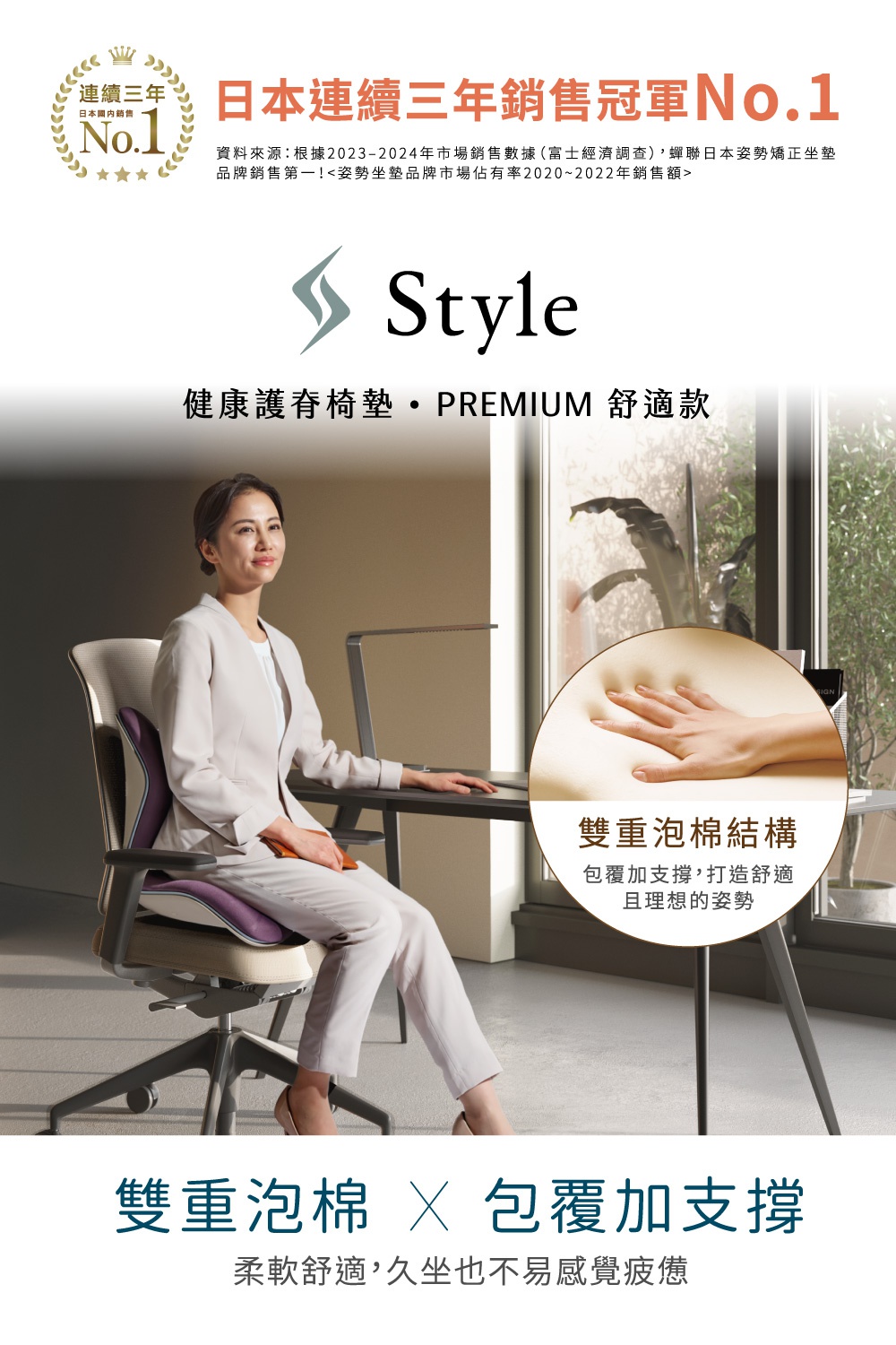 Style 品牌獲得日本連續三年銷售冠軍 No.1，強調健康護脊坐墊 PREMIUN 舒適款，採用雙重泡棉結構，提供包覆支撐，打造舒適理想的坐姿。