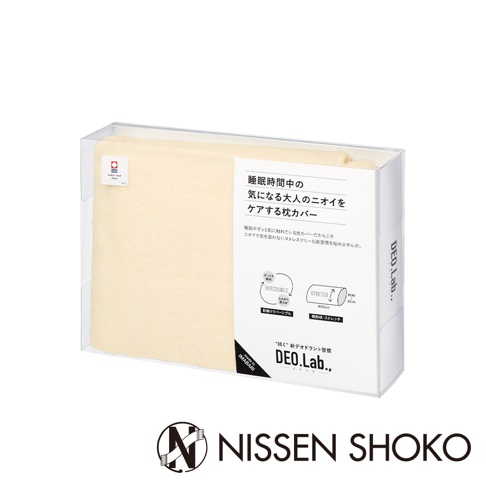 DEO.Lab. 淨味消臭今治毛巾枕套，淺黃色，觸感柔軟，包裝內含產品說明。