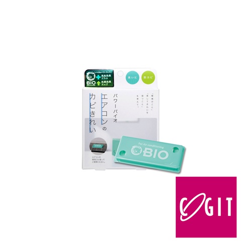 日製 BIO 長效除臭防霉貼片盒，內含兩片薄荷綠色長方形貼片，表面印有白色 BIO 標誌和英文字樣 For Air conditioning。