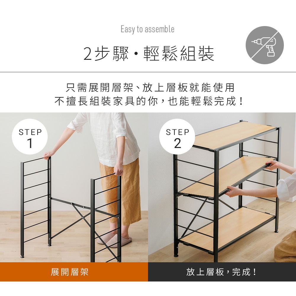 IRIS OHYAMA 萬能摺疊層架 KRSR-5 產品說明，展示輕鬆組裝的兩步驟：展開層架與放置層板。