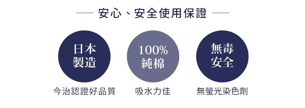 安心、安全使用保證：日本製造，今治認證好品質；100%純棉，吸水力佳；無毒安全，無螢光染色劑。
