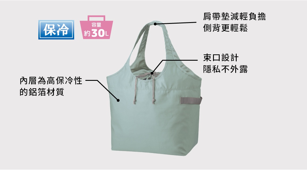 淺綠色大容量束口摺疊保冷托特袋，採用高保冷性的鋁箔材質內層，束口設計，附肩帶減輕負擔。