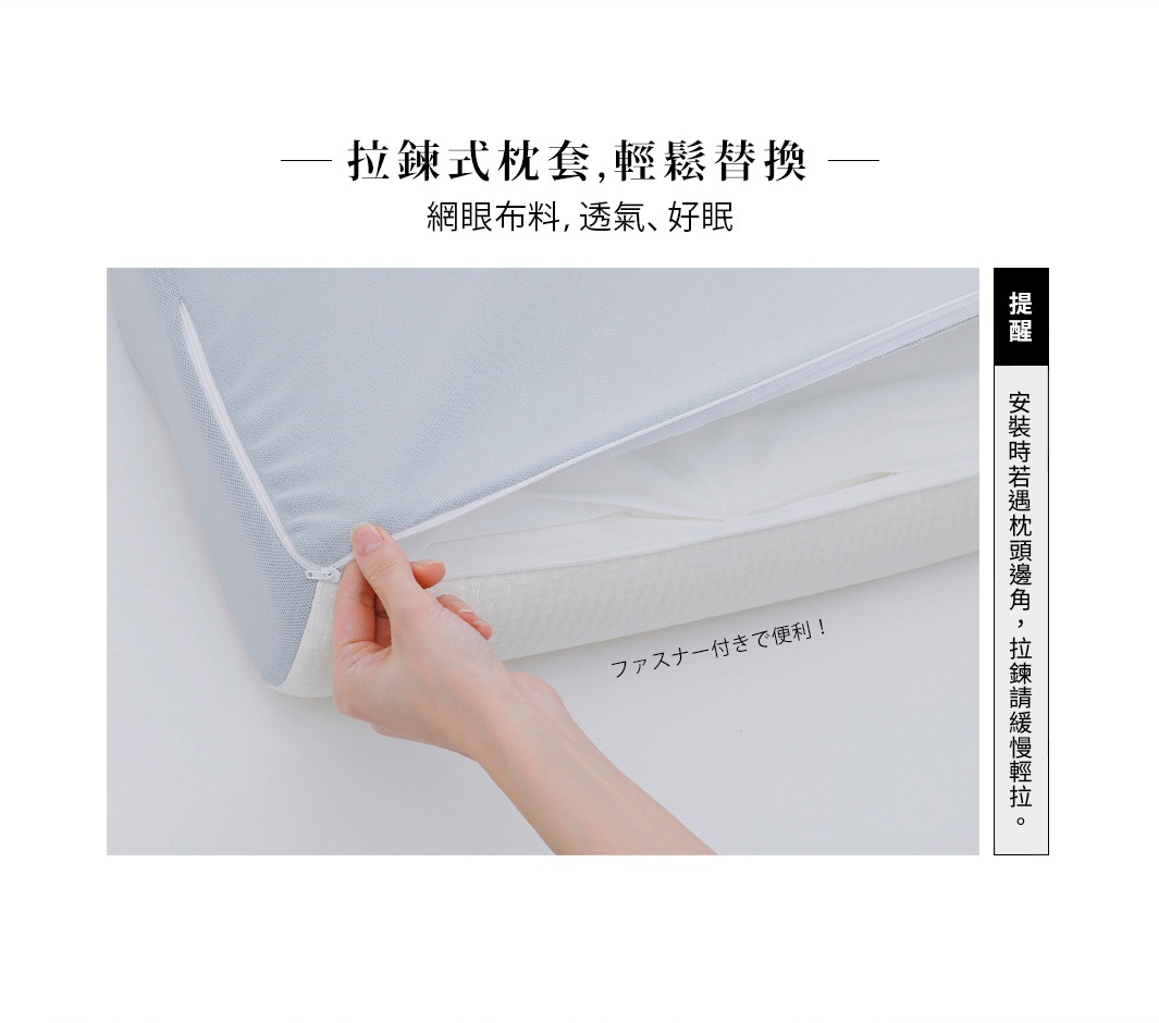 淺藍色網眼布材質的拉鍊式半身枕枕套，左側拉鍊被手拉開，露出白色枕芯。