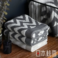 今治北歐毛巾，以白色和灰色相間的鋸齒狀圖案為主，觸感柔軟，材質為純棉，另有一條灰色滾邊。