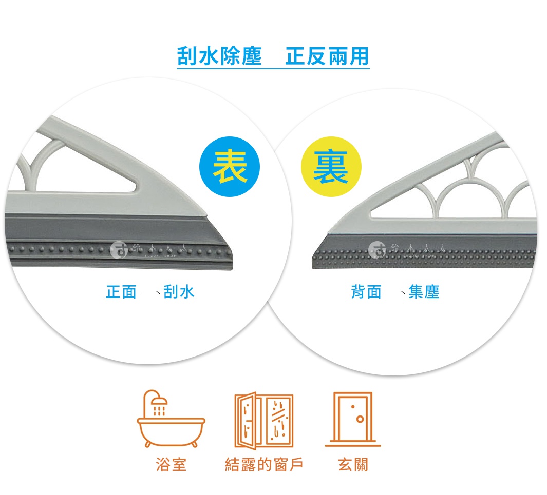 灰色塑膠手柄，搭配深灰色刮水膠條，展示掃帚正面（刮水）與背面（集塵）兩種用途。