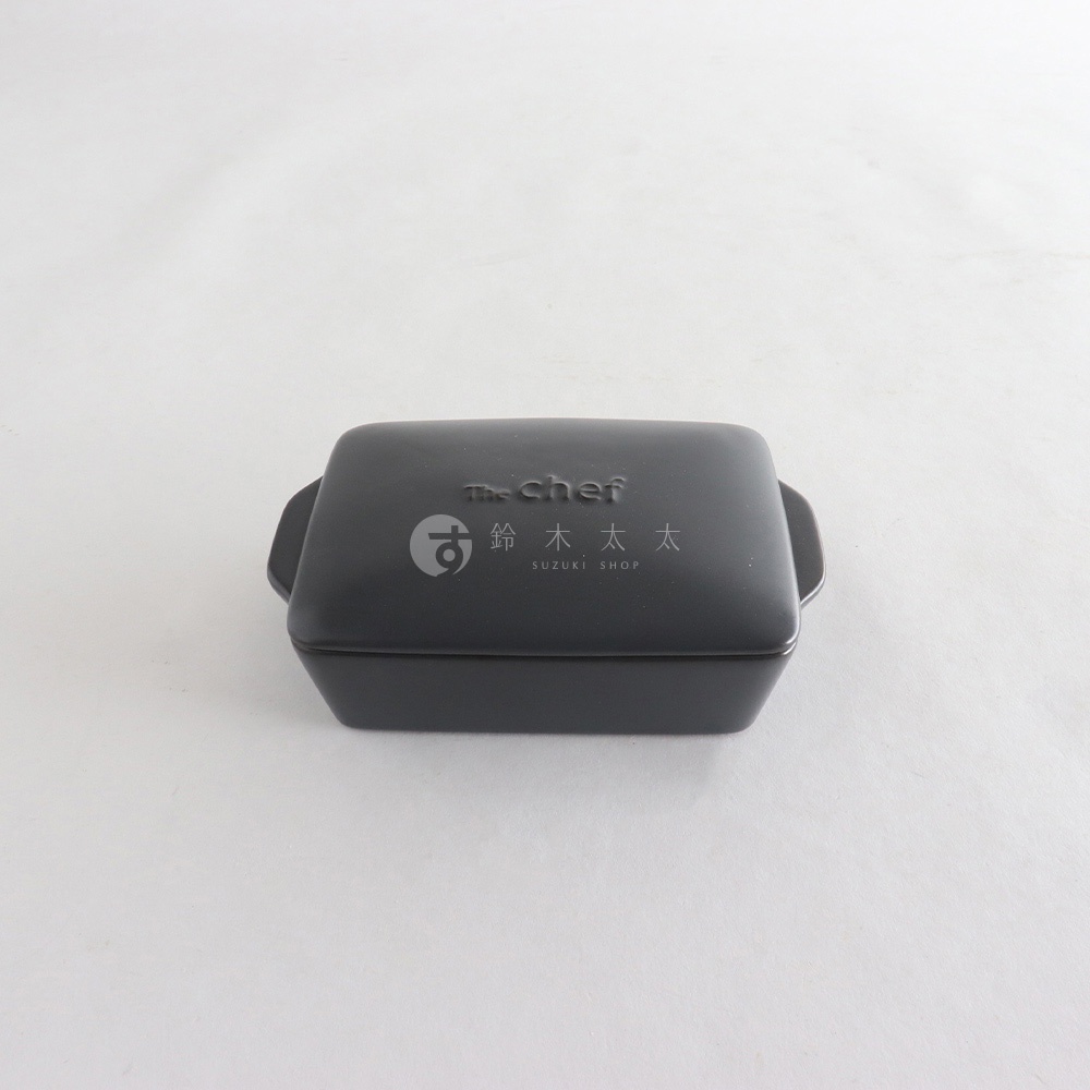 The Chef 黑色多功能耐熱陶製萬用長方形附蓋烤盤 mini-平底，帶有品牌標誌和日文文字。