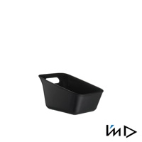 黑色簡約方形浴室舀水盆，一體成型設計，帶有方便提握的圓形提手。