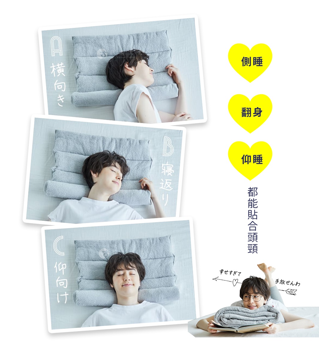 圖片文字：A 横向き B 寝返り C 仰向け 側睡 翻身 仰睡 都能貼合頭頸 幸せすぎって 手放せんわ