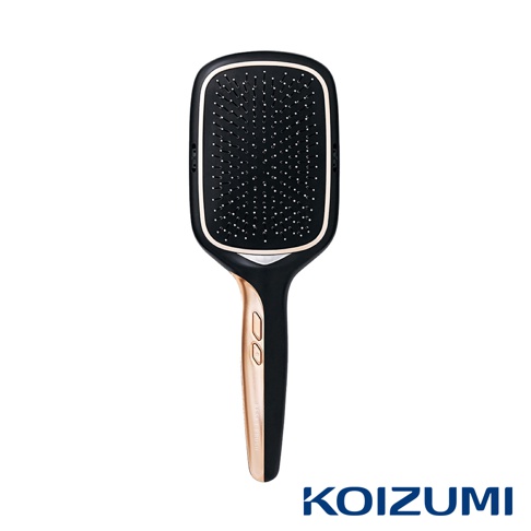 黑色鏡面面板搭配玫瑰金手柄的離子負離子養髮梳，梳齒密集，握柄處有兩個控制按鈕，整體設計簡約時尚。