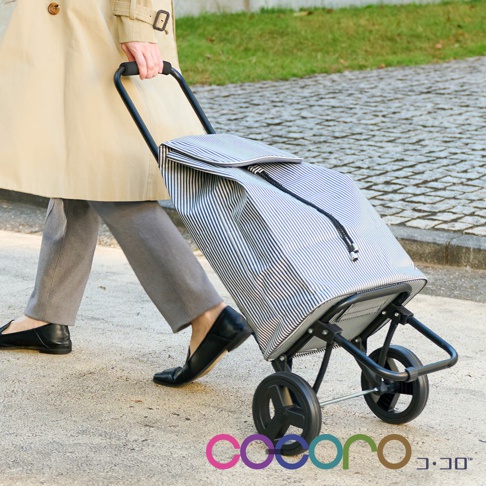 藍白條紋布料三用購物車，配有黑色金屬框架和輪子，由穿著米色風衣和灰色長褲的人士推動。