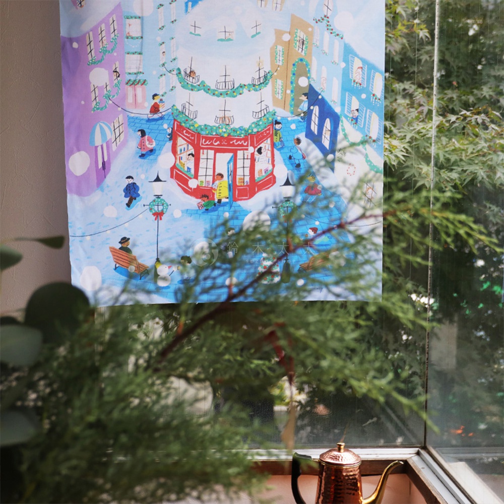 無框帆布藝術海報，描繪聖誕節的雪景街道，有著紅色屋頂的書店，人們在雪中行走，背景是藍色和紫色調的建築物。