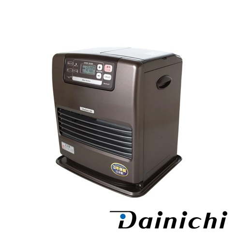 鉑金棕色電子式煤油暖氣機，具有數位顯示面板、操作按鈕及品牌標誌。機身側面有提把，底部有黑色底座。