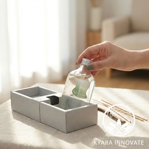 KYARA INNOVATE 擴香瓶搭配檜木擴香棒，擺放在簡約的灰色收納盒中，手部正將精油瓶放入收納槽。