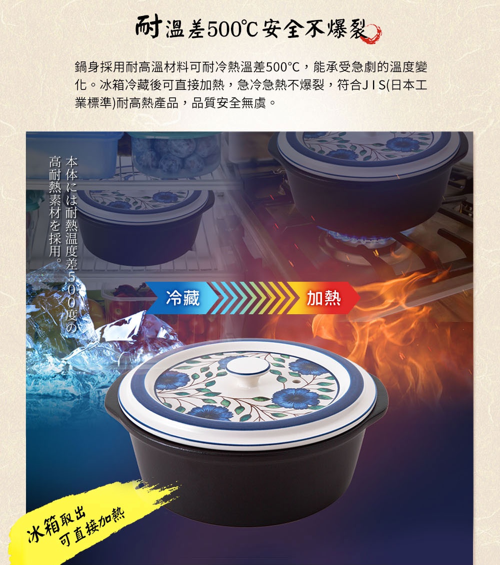 藍彩富貴菊圖案的陶土湯鍋，鍋身為黑色，鍋蓋有藍色花卉與綠色葉子裝飾，白色鍋蓋把手，鍋緣為藍色。