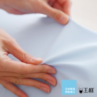 雙手拉扯淺藍色細緻光滑的布料，展示其柔軟與彈性。布料表面紋理細膩，質感輕薄。