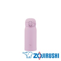淺粉色不鏽鋼一體式中栓彈蓋保溫杯，容量0.36L，帶有象印Logo。