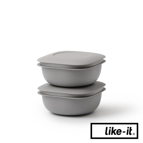 簡約雙層蒸氣循環保鮮盒2入組，灰色，方形設計，帶有圓角邊緣和密封蓋，由塑膠製成。