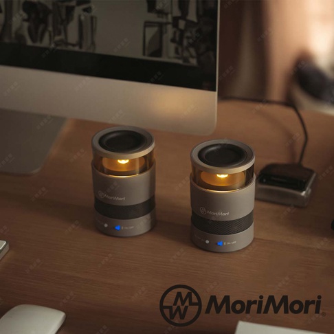 一對圓柱形無線藍牙音響，頂部為黑色喇叭，中間為透明燈罩，內有暖黃色LED燈，下方為灰色霧面金屬外殼，並有網狀裝飾和品牌標誌。