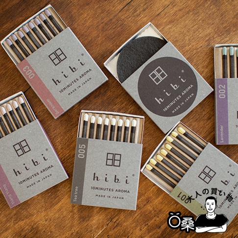 五入組香氛火柴禮盒，包含不同香味的火柴，如天竺葵、薰衣草、茶樹等。火柴頭顏色各異，有粉色、藍色、白色、黃色等，裝在灰色的紙盒中，盒上印有品牌標誌及香味資訊。