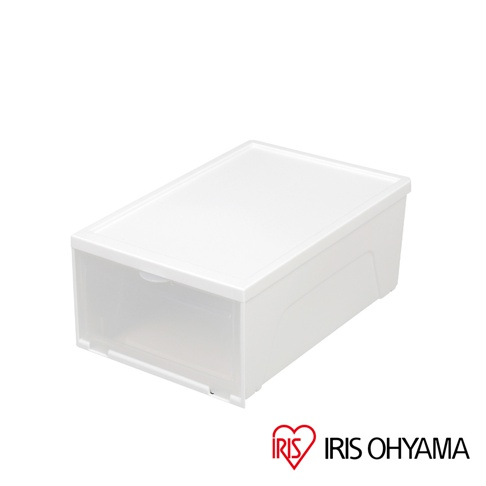 一個白色塑膠材質的透明收納鞋盒，具有可抽取式的前面板，盒身側面有壓紋。