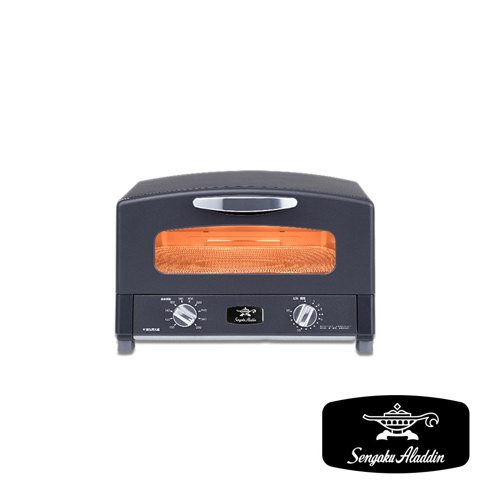 復古風格的黑色多用途烤箱，配有銀色提把和玻璃門，內部有發熱線，面板上有溫度和時間旋鈕，以及「Sengoku Aladdin」品牌標誌。