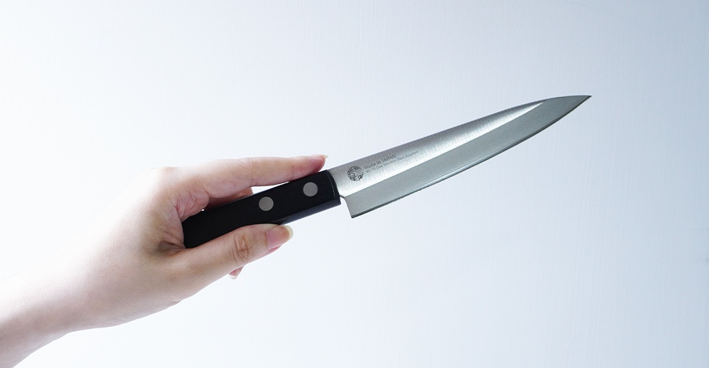 手持燕三條VG-10不鏽鋼水果刀，刀身銀色，刀柄黑色，刀刃鋒利，刀柄上有兩個鉚釘。