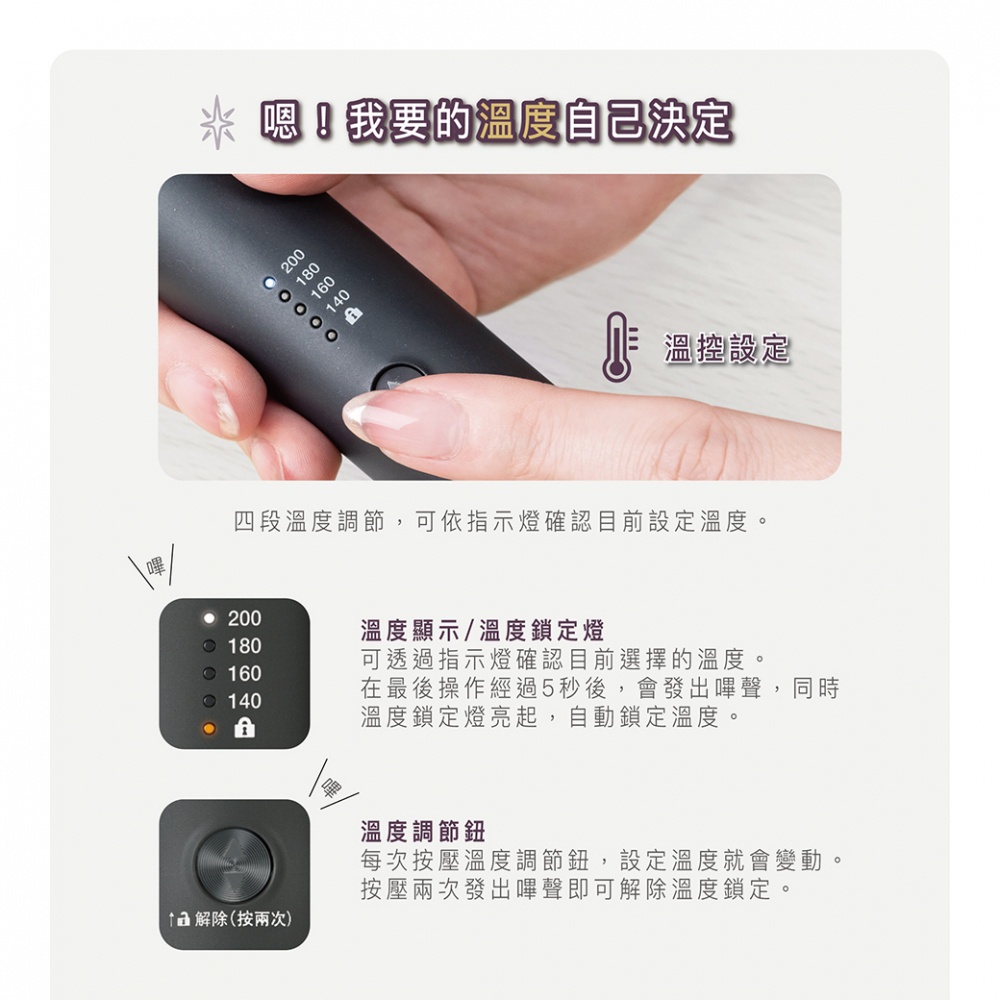 圖片文字：四段溫度調節，可依指示燈確認目前設定溫度。溫度顯示/溫度鎖定燈可透過指示燈確認目前選擇的溫度。在最後操作經過5秒後，會發出嗶聲，同時溫度鎖定燈亮起，自動鎖定溫度。溫度調節鈕每次按壓溫度調節鈕，設定溫度就會變動。按兩次發出嗶聲即可解除溫度鎖定。