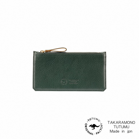 TUTUMU 綠色荔枝紋皮革長夾，正面中央有品牌壓印，頂部配有金色拉鍊及皮革拉環