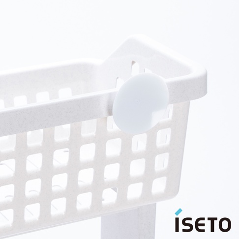 白色網格紋三層浴室收納架，材質為塑膠，一側有圓形白色掛鉤。